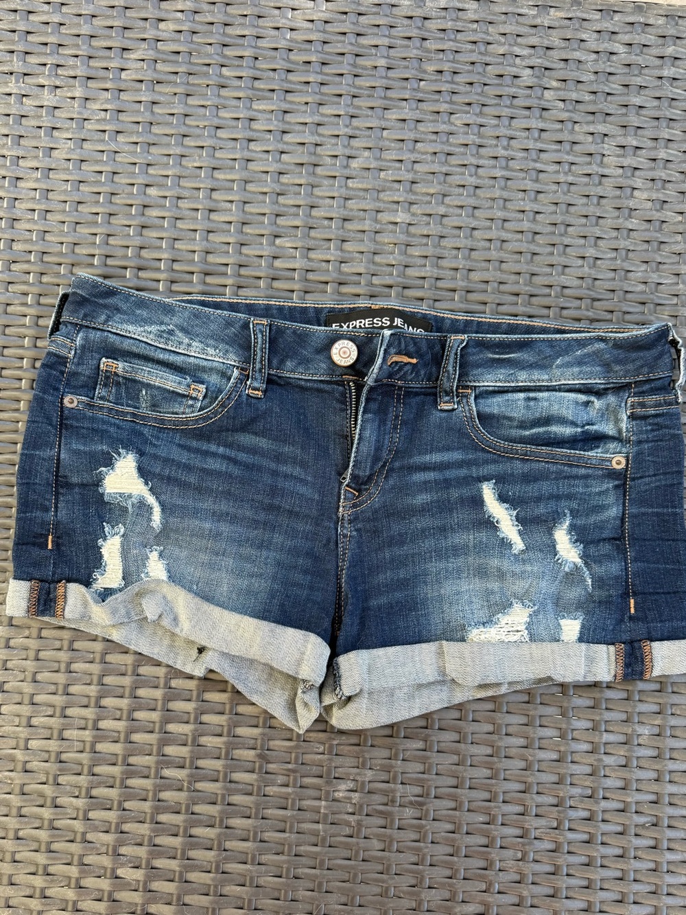 Express Distressed Dark Blue Denim Roll-Cuff Shorts Stretch